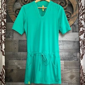 Lole Tunic Shirt Dress Mini Green V Neck Draw String Waist Short Sleeve